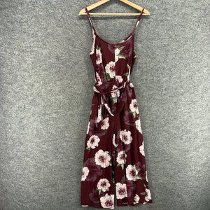Derek Heart Jumpsuit Women M Medium Red Floral Belted Elastic Waist Sleeveless